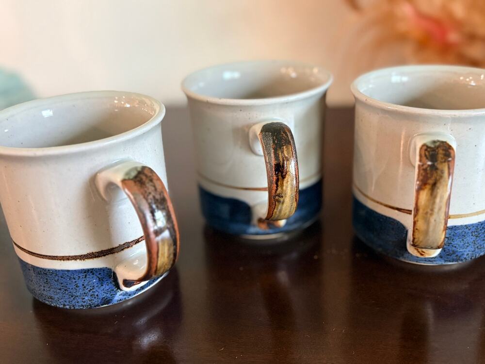 VTG Otagiri Mariner Japan Stoneware Mugs Set of 3 Blue Brown Speckled MCM
